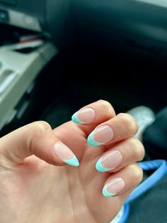 #beachynails #promnails #summernails Teal Tip Nails, Almond Nails Teal, Teal French Nails, Aqua French Tip Nails, Teal French Tips, Teal French Tip Nails, Aruba Nails, Wave Nails, Beachy Nails