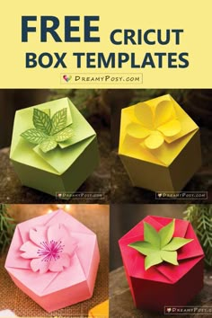 an origami box with four different designs and the words free cricut box templates