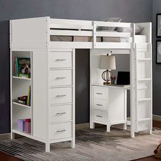 Cassidy White Twin Loft Bed w/ Drawers - Ornate Home Mini Dresser, White Loft Bed, Loft Beds For Small Rooms, Loft Bunk, Table Palette, Door Headboard, Beds For Small Rooms, Loft Bunk Beds, White Loft