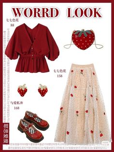 Red Cottagecore Outfit, Strawberry Inspired Outfit, Strawberry Aesthetic Outfit, Red Outfit Korean, Korean Casual Dress, Cute Vintage Outfits, Kawaii Outfit Ideas, Kawaii Outfit, Cute Modest Outfits