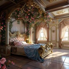 a bed sitting in the middle of a room with flowers on the ceiling and curtains