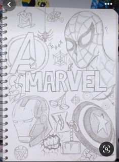 the avengers logo is drawn in pencil on a spiral notebook with an image of captain america and spider - man