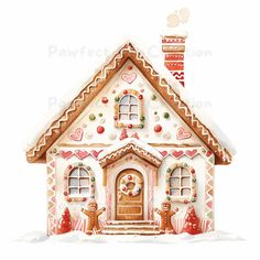 a gingerbread house is decorated with candy and decorations for the holiday season, watercolor on paper