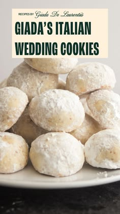 A white plate of large pillowy cookies stacked on top of each other with a dusting of powered sugar sprinkled on top. Italian Wedding Cake Recipe, Italian Wedding Cake, Giada Recipes, Wedding Cake Recipe, Italian Cookies