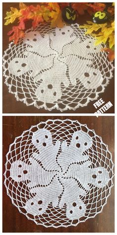 two pictures of doily with flowers and leaves in the background, one is white