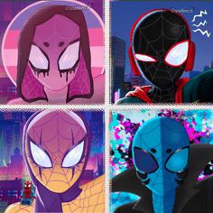 four different spiderman faces in the style of cartoon characters, one with eyes wide open and