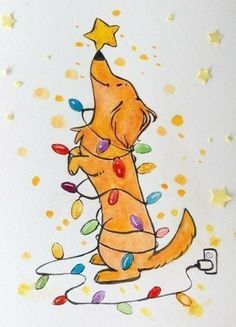 a drawing of a dog sitting on top of a christmas tree with lights around it