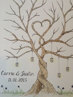 a drawing of a tree with hearts hanging from it's branches and the date