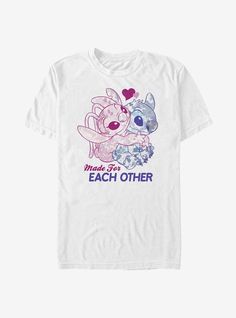 a white t - shirt that says made for each other with an image of a cartoon character