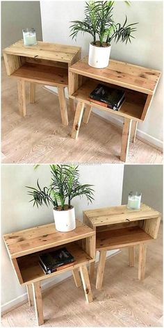 two wooden tables with plants in them on the top and bottom, side by side