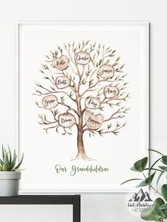 a family tree with the names of three generations on it and two hearts hanging from them