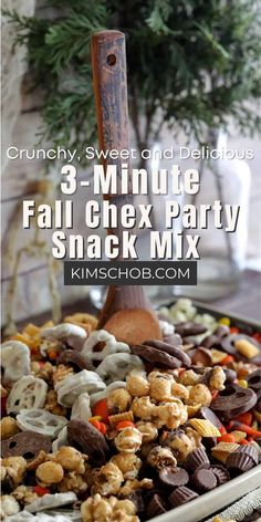 a bowl full of snacks with the words 3 minute fall chex party snack mix