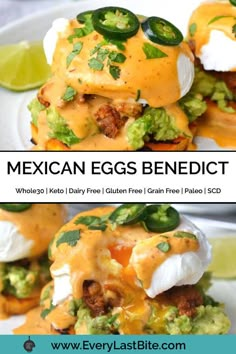 mexican eggs benedict with guacamole, sour cream and avocado on top