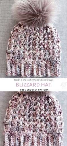 two knitted beanies with pom - poms on top, one in pink and