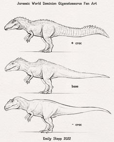 three different types of dinosaurs are shown in this drawing lesson, which shows how to draw them