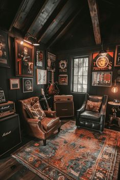 a living room filled with lots of furniture and pictures on the wall next to a window