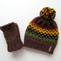 Fall Harvest Knit Hat and Fingerless Gloves Set  - Knit with yarn in fall colors: brown, orange, green, mustard - Wool/acrylic blend, soft, bulky yarn - Cozy and warm for fall - Slightly slouchy hat - should fit most (gloves are one size fits most) Knit by me in my smoke free (pug friendly) home. Knit Fair Isle, Fair Isle Hat, Knit Hats, Fall Gifts, Bulky Yarn, Autumn Colors, Pom Beanie, Fall Collection, Fall Collections