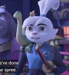 an animated character holding a stuffed animal in front of two other characters with the caption, we've done some time to make one spreee