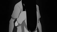 an anime character with long black hair standing in the dark looking at something behind her