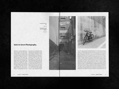 an open book with black and white photos on it's pages, including a bicycle leaning against a wall