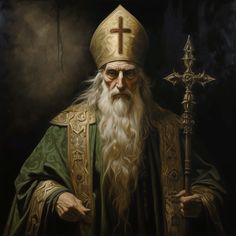 a painting of an old man holding a cross