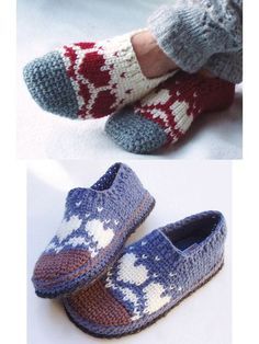 three pictures of slippers with different patterns on them, one in blue and the other in red