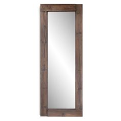 a wooden mirror hanging on the wall