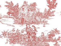 an old drawing of two people in front of a house with trees and bushes on the ground