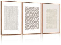 three framed art pieces with wavy lines on them, one is white and the other is beige