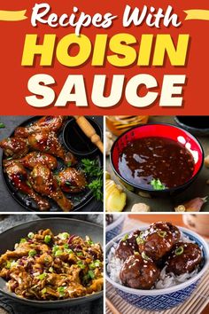 the recipe for hoisin sauce is shown in four different pictures, including meat and vegetables