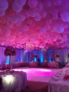 an image of a room with balloons on the ceiling and tables set up for a party