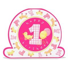 a pink and yellow 1st birthday card with an image of the number one on it