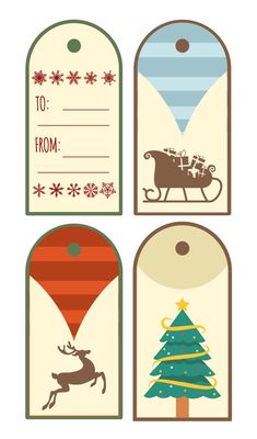 three christmas gift tags with santa and reindeers on them, one has a balloon in the sky