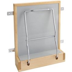 a wooden display case with two metal handles and a mesh screen on the front side