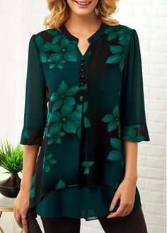 Stylish Tops For Girls, Trendy Tops, Trendy Fashion Tops, Trendy Tops For Women Page 2 Elegant Green Blouse With 3/4 Sleeves, Green Printed Half Sleeve Blouse, Green Floral Print Blouse With Split Neck, Green Top With 3/4 Sleeves And Button Closure, Cheap Womens Tops, Womens Trendy Tops, Large Floral Print, Trendy Tops For Women, Ladies Tops