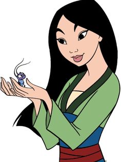 an animated character with long black hair and green shirt holding a small object in her hand