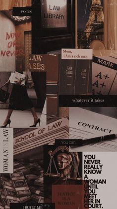 a collage of different types of law related items and words in black and white