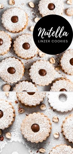 nutella linzer cookies with chocolate and powdered sugar on top, surrounded by nuts