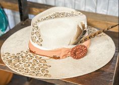 Step out in style with this unique Hand Burned Wide Brim Faux Suede Hat. Crafted with meticulous attention to detail, the hat features a stunning leopard pattern design, artistically burned onto the brim, over the crown, and the underside of the brim. The intricate hand-burned design adds a touch of wild sophistication, making this hat a true statement piece. Complementing the exquisite design, the hat band is adorned with a soft, peach fabric band that elegantly encircles the crown. A handmade hat pin and a selection of natural feathers embellish the band, adding an extra layer of rustic charm and individuality. Made from high-quality faux suede, this hat offers both comfort and durability. Its wide brim provides ample shade, while the overall design ensures you stand out in any crowd. Av Decorated Felt Cowboy Hats, Hat Branding, Leather Feathers