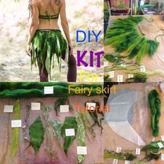 a collage of photos showing the process of making green hair for fairy skirt costume