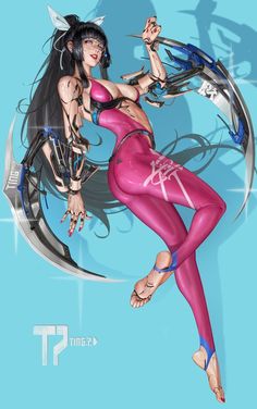 an image of a woman in pink and blue bodysuits with swords on her head