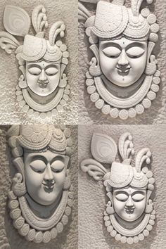 four images of masks with different shapes and sizes, all made out of white clay