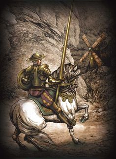 a man riding on the back of a white horse next to a wooden cross in a cave