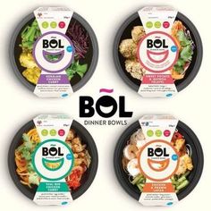 four bol dinner bowls are shown in three different colors and designs, each with an individual's logo