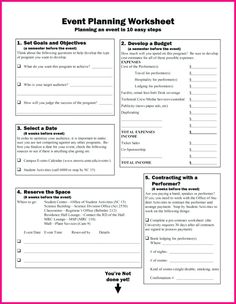 the event planning worksheet is shown in black and white with an orange border