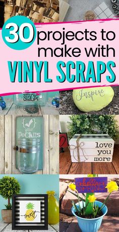 several pictures with the words 30 projects to make with vinyl scraps on them and some flowers