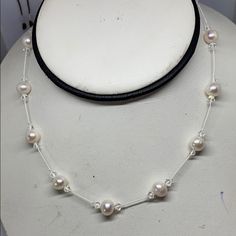 8mm Freshwater Pearls With 4mm Bicone Clear Color Swarovski Crystal Tin Cup Necklace On The Germany White Griffin Silk Cord. 16” White Griffin, Elegant Crystal Jewelry, Diy Necklace Designs, Beaded Necklace Tutorial, Tin Cup, Simple Pearl Necklace, Beautiful Beaded Necklaces, Gold Leaf Necklace, Minimalist Necklace Gold