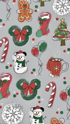 a christmas themed wallpaper with snowmen, candy canes and other holiday decorations