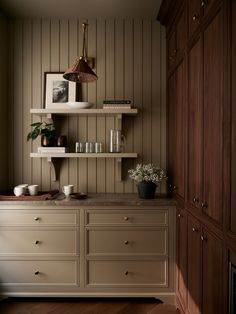 a kitchen with wooden cabinets and shelves filled with dishes on top of each shelf, next to a potted plant