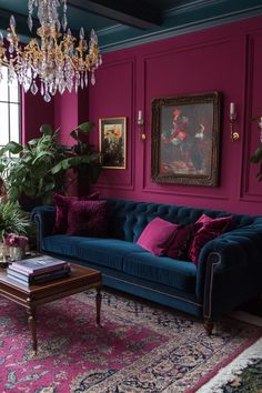 a living room filled with furniture and a chandelier